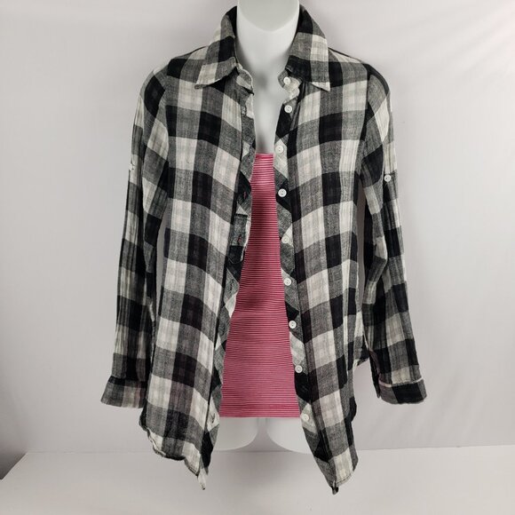 Urban Behavior XS Plaid Black White Long Sleeve Roll Tabs Womens Shirt Top - Picture 1 of 15